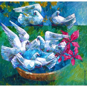 Iqbal Durrani, Festive Gathering, 36 x 36 Inch, Oil on Canvas, Pigeon Painting, AC-IQD-252